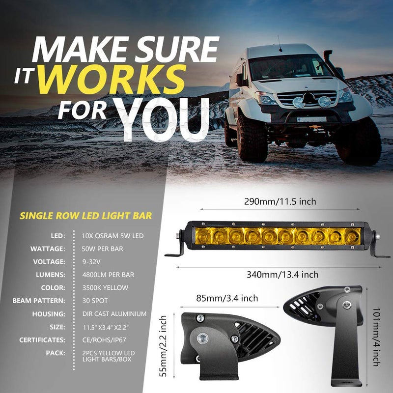 Chelhead 11 Inch Led Light Bars, 50W Yellow Single Row Fog Light Bar Spot Beam Amber Led Light Bars Compatible with Truck SUV Jeep UTV Can Am Polaris - Image 3